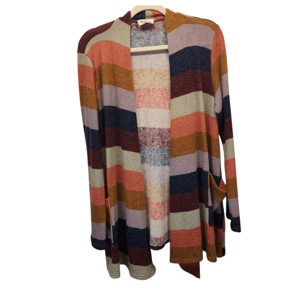 Betsey's Boutique Multi Color Stripe Open Front Knit Cardigan Sweater LARGE
